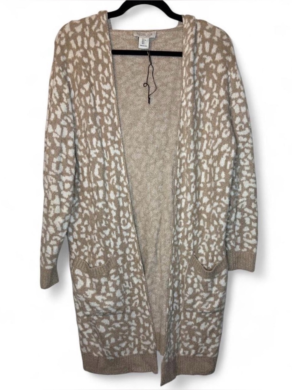 Rachel Zoe Hooded Cheetah Print Long Cardigan Size L Beige Ivory NWOT